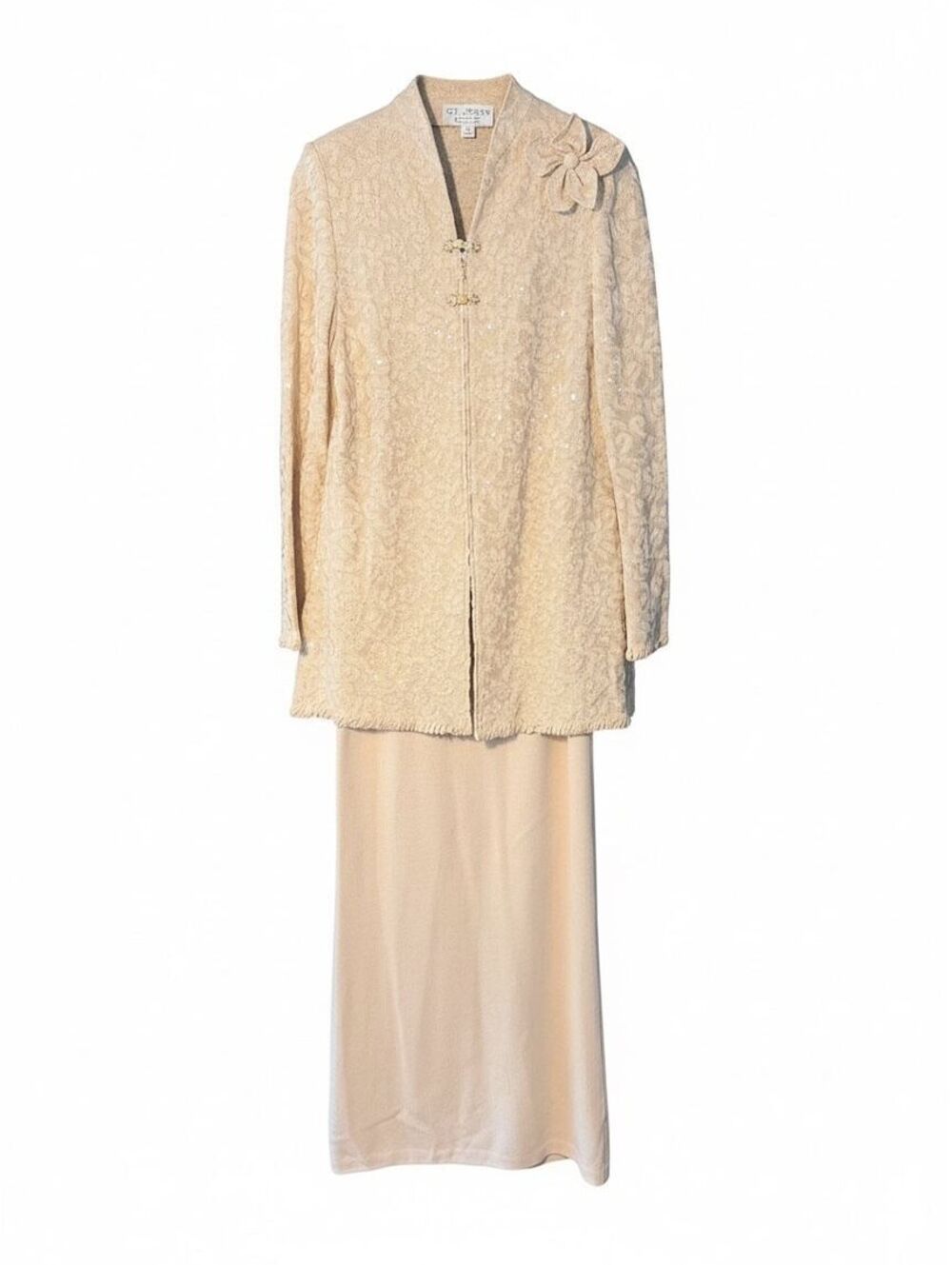 St. John Evening 2pc Knit Formal Set Champagne Sequin Jacket Skirt Sz 8 10 SP03